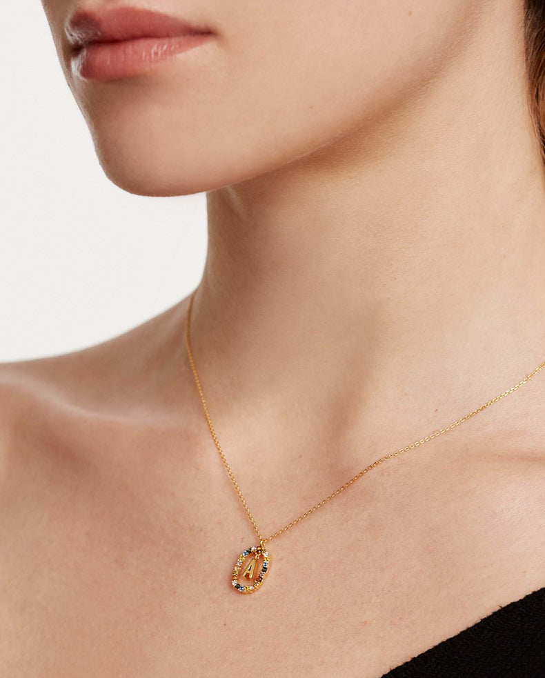 Light Luxury Sterling Silver 26 Letter Colored Stone Necklace