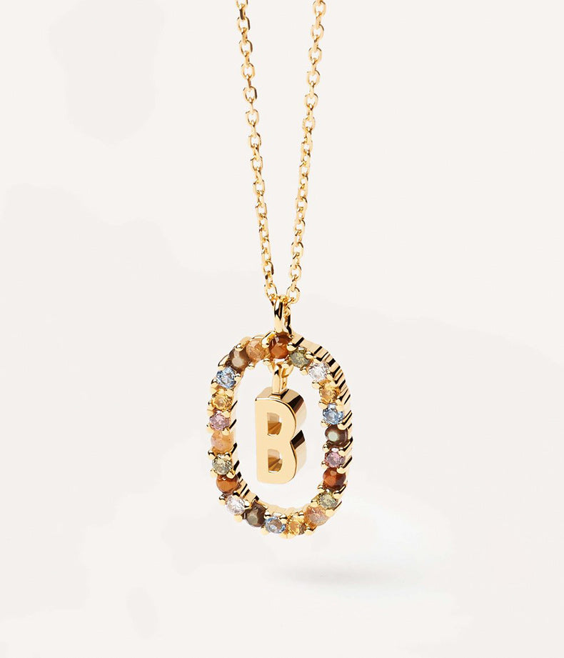 Light Luxury Sterling Silver 26 Letter Colored Stone Necklace