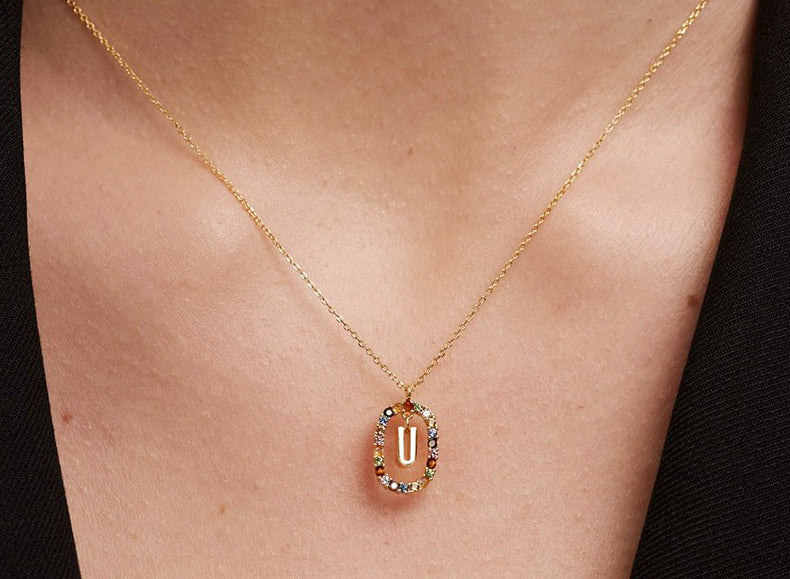 Light Luxury Sterling Silver 26 Letter Colored Stone Necklace