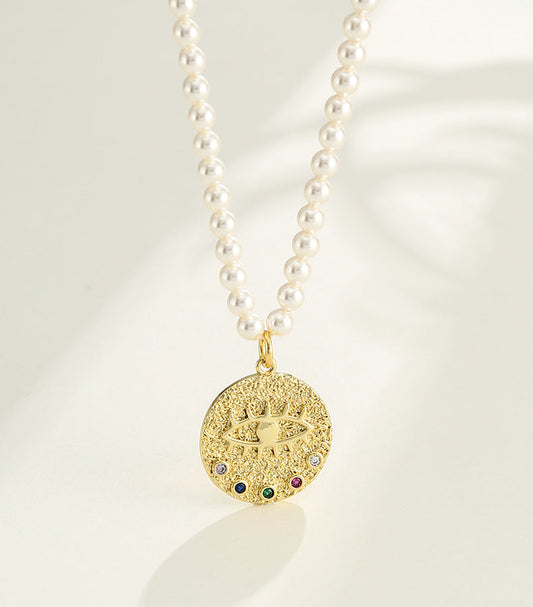 Devil's Eye Gold Coin Natural Pearl Necklace - Rare Visual Jewelry