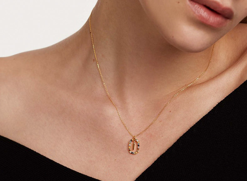 Light Luxury Sterling Silver 26 Letter Colored Stone Necklace