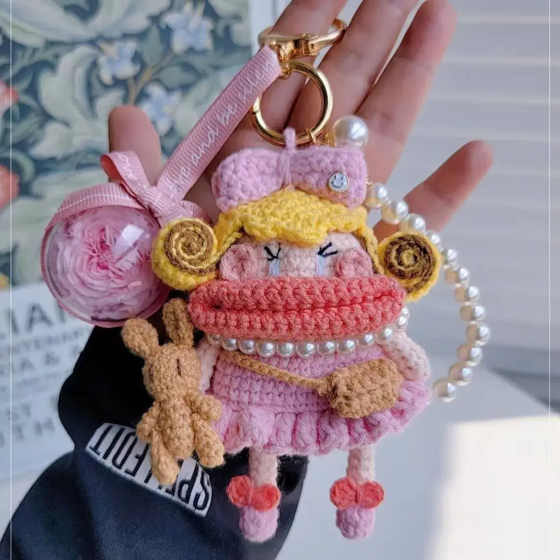 Hand hold PInk Handcrafted Curly Collection Doll Bag Charm - Rare Visual Jewlery