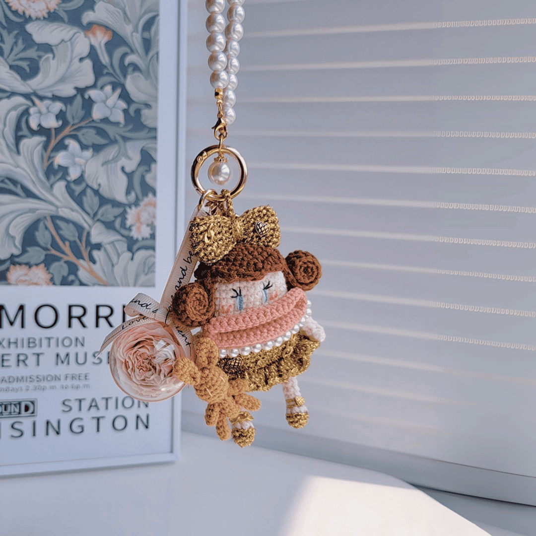 Rare Visual handcrafted doll keychain, gold crochet bag charm with preserved eternal flower and pearls, unique gift for women