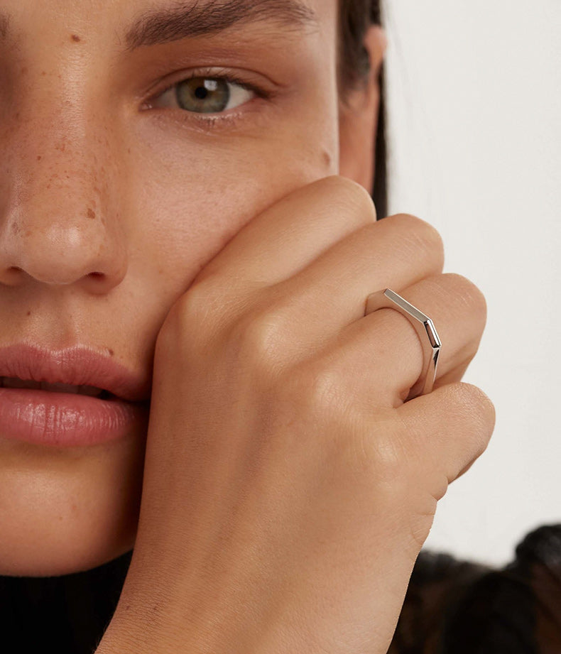 Silver Trendline Geometric Ring stacked styling.