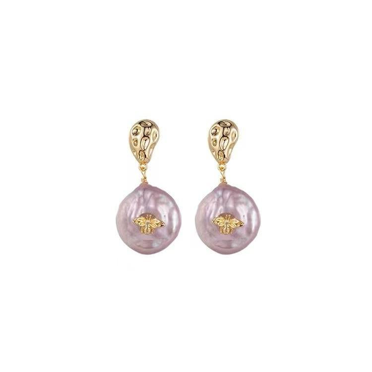 Delicate Bee Baroque Natural Pearl Earrings