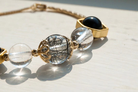 Natural Black Hair Crystal White Crystal Obsidian Bangle Bracelet - Rare Visual Jewelry