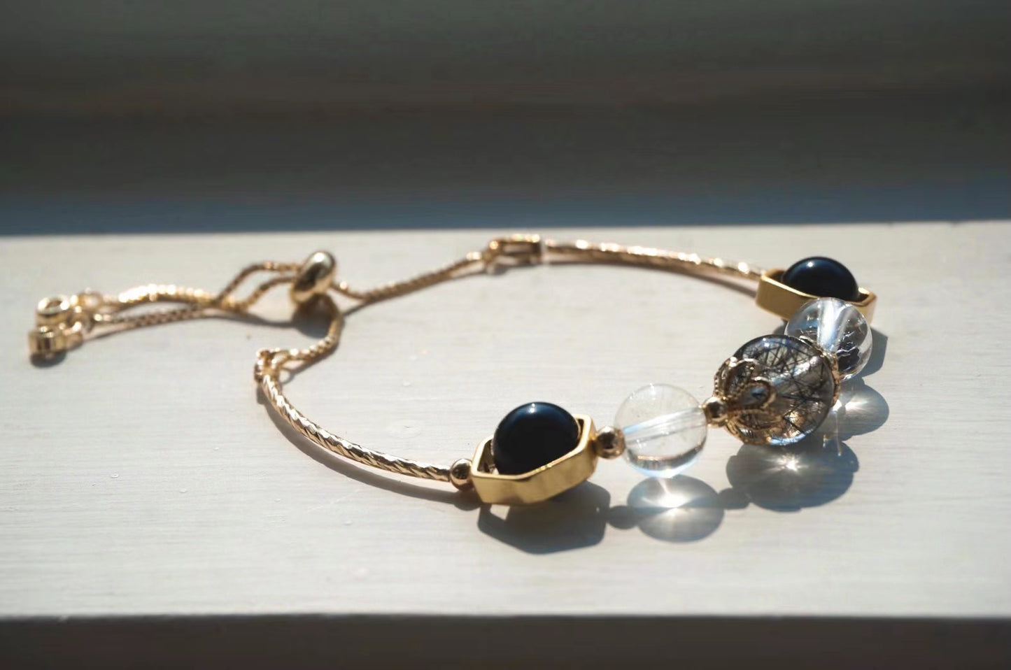 Natural Black Hair Crystal White Crystal Obsidian Bangle Bracelet