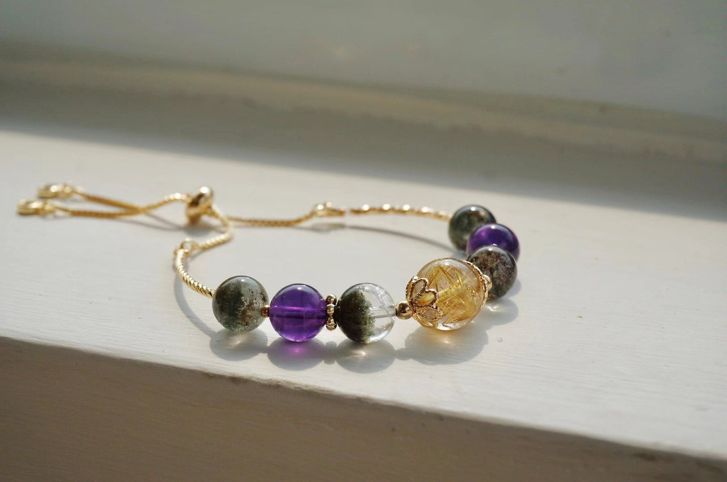 Natural Amethyst Green And Yellow Gold Crystal Hand Handle Skewer