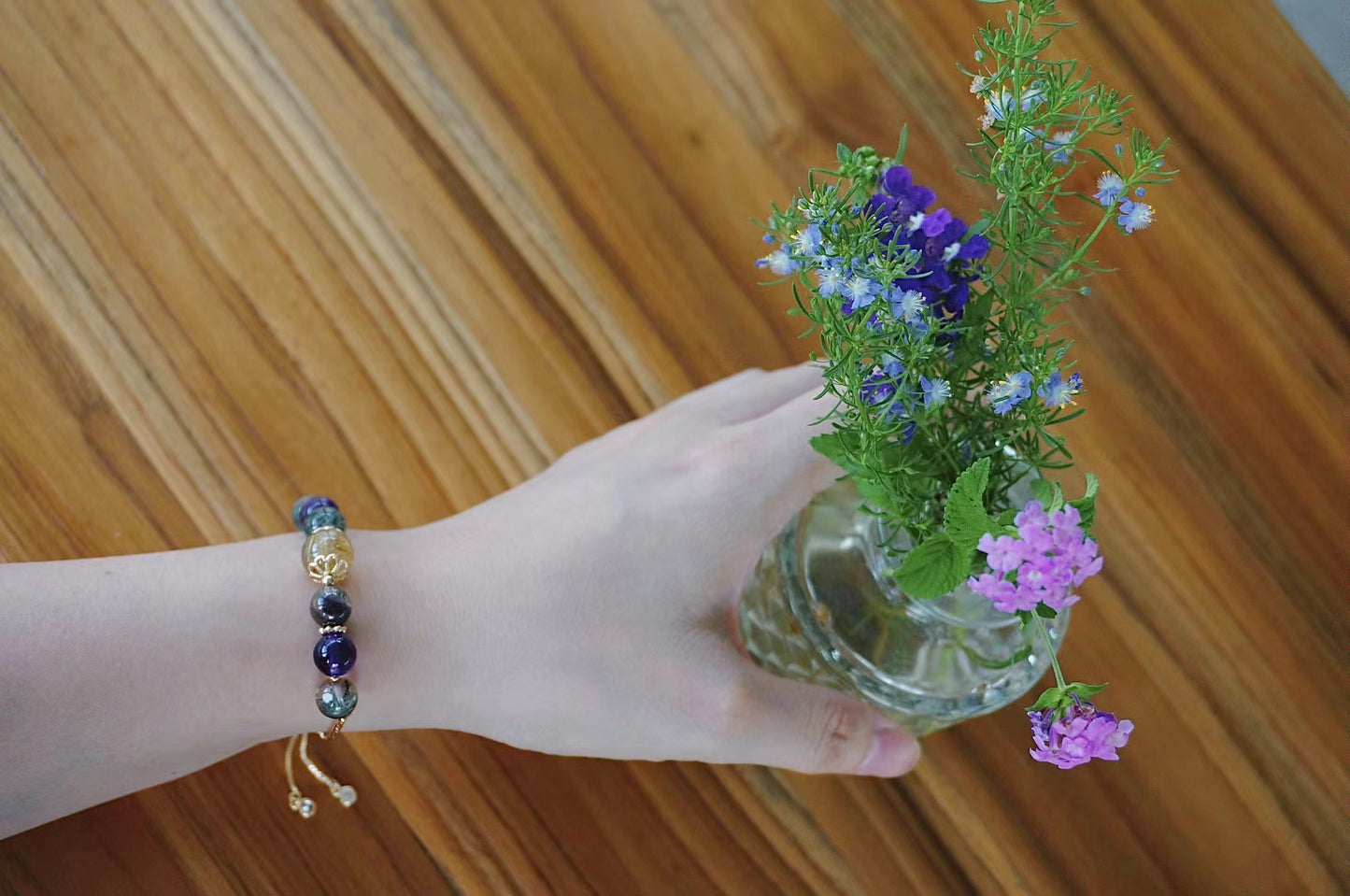 Natural Amethyst Green And Yellow Gold Crystal Hand Handle Skewer