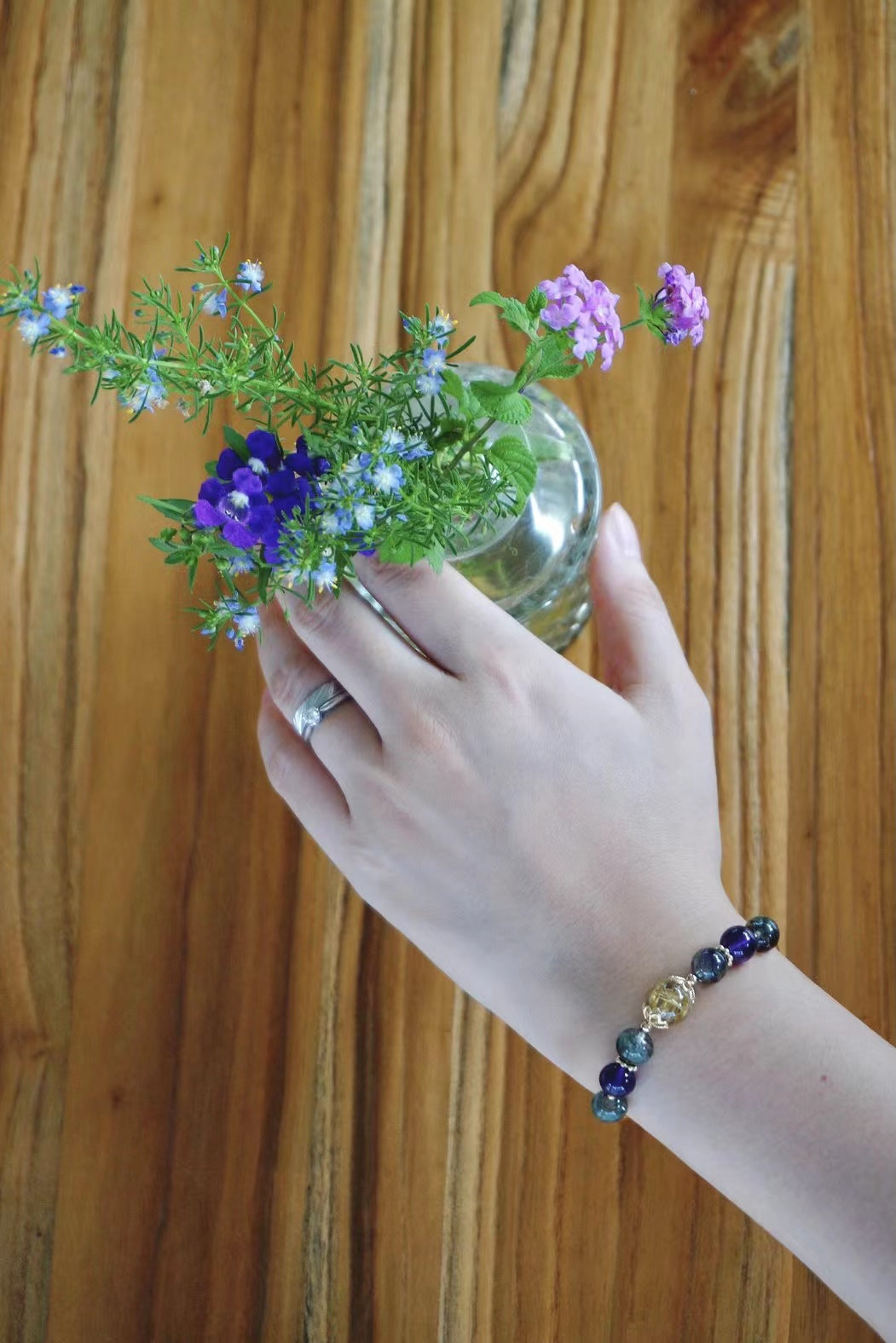 Natural Amethyst Green And Yellow Gold Crystal Hand Handle Skewer