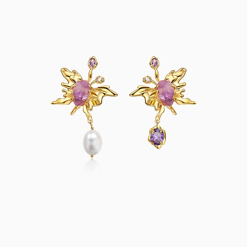 Asymmetric Butterfly Pearl Crystal Earrings I Pearle Vision I Rare Visual - Rare Visual Jewelry