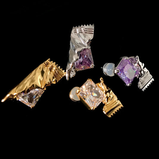 Asymmetric Playful Tinfoil Candy Gem Silver Earrings - Rare Visual Jewelry