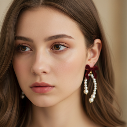 Burgundy Velvet Bow & Pearl Drop Earrings