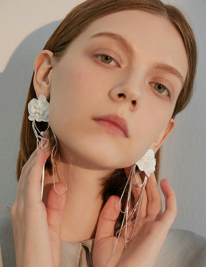 Silver Floral Tassel Earrings - Rare Visual Jewelry