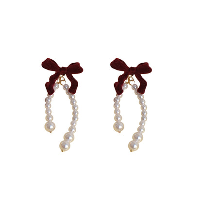 Burgundy Velvet Bow & Pearl Drop Earrings - Rare Visual Jewelry