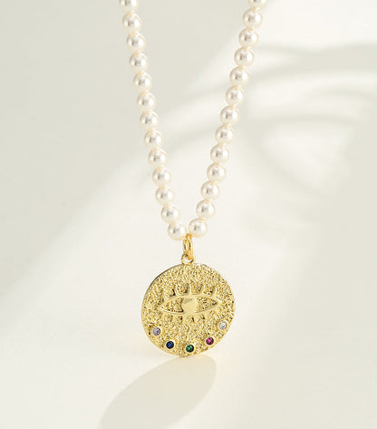 Devil's Eye Gold Coin Natural Pearl Necklace - Rare Visual Jewelry