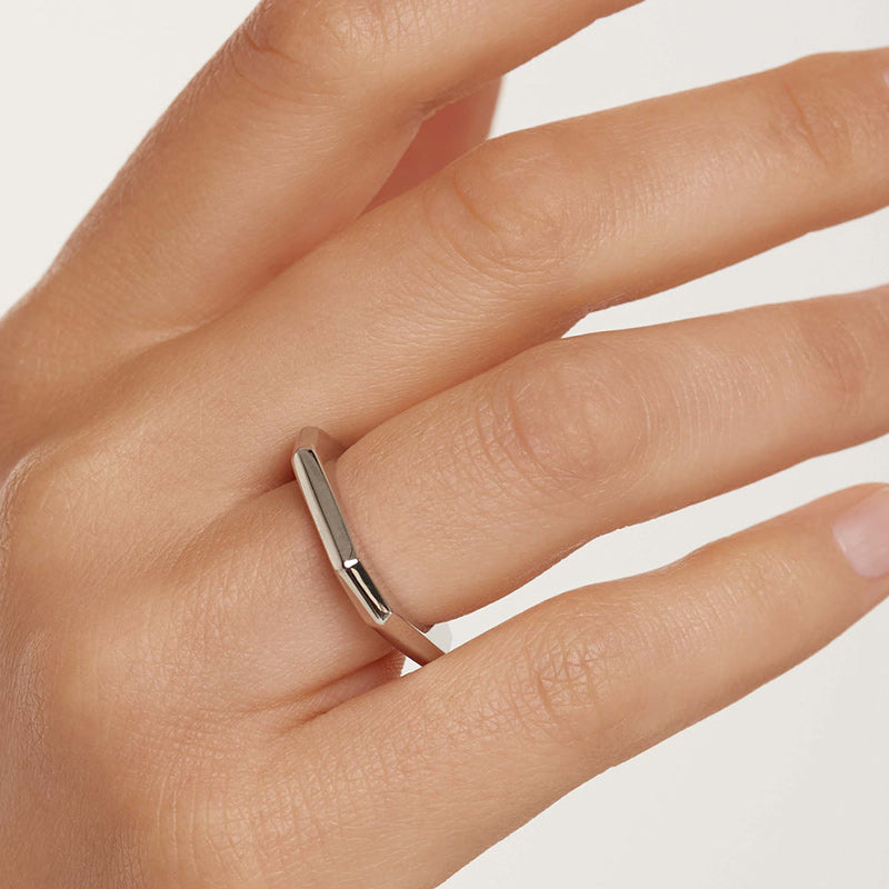 Silver Trendline Geometric Ring on model’s hand