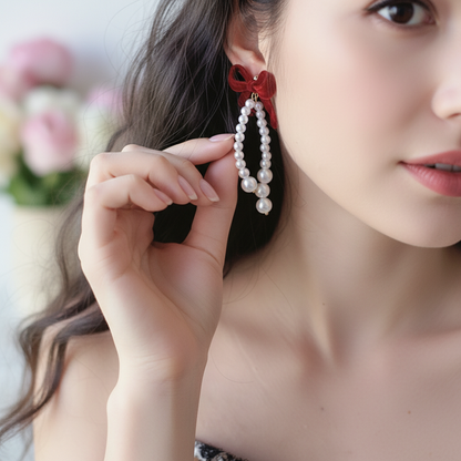 Burgundy Velvet Bow & Pearl Drop Earrings