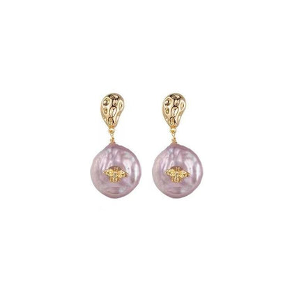 Delicate Bee Baroque Natural Pearl Earrings - Rare Visual Jewelry