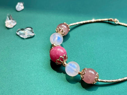 Natural Rhodolite Moonstone Pink Crystal Bangle Bracelet - Rare Visual Jewelry
