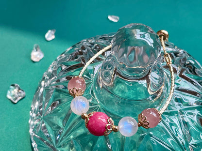 Natural Rhodolite Moonstone Pink Crystal Bangle Bracelet - Rare Visual Jewelry