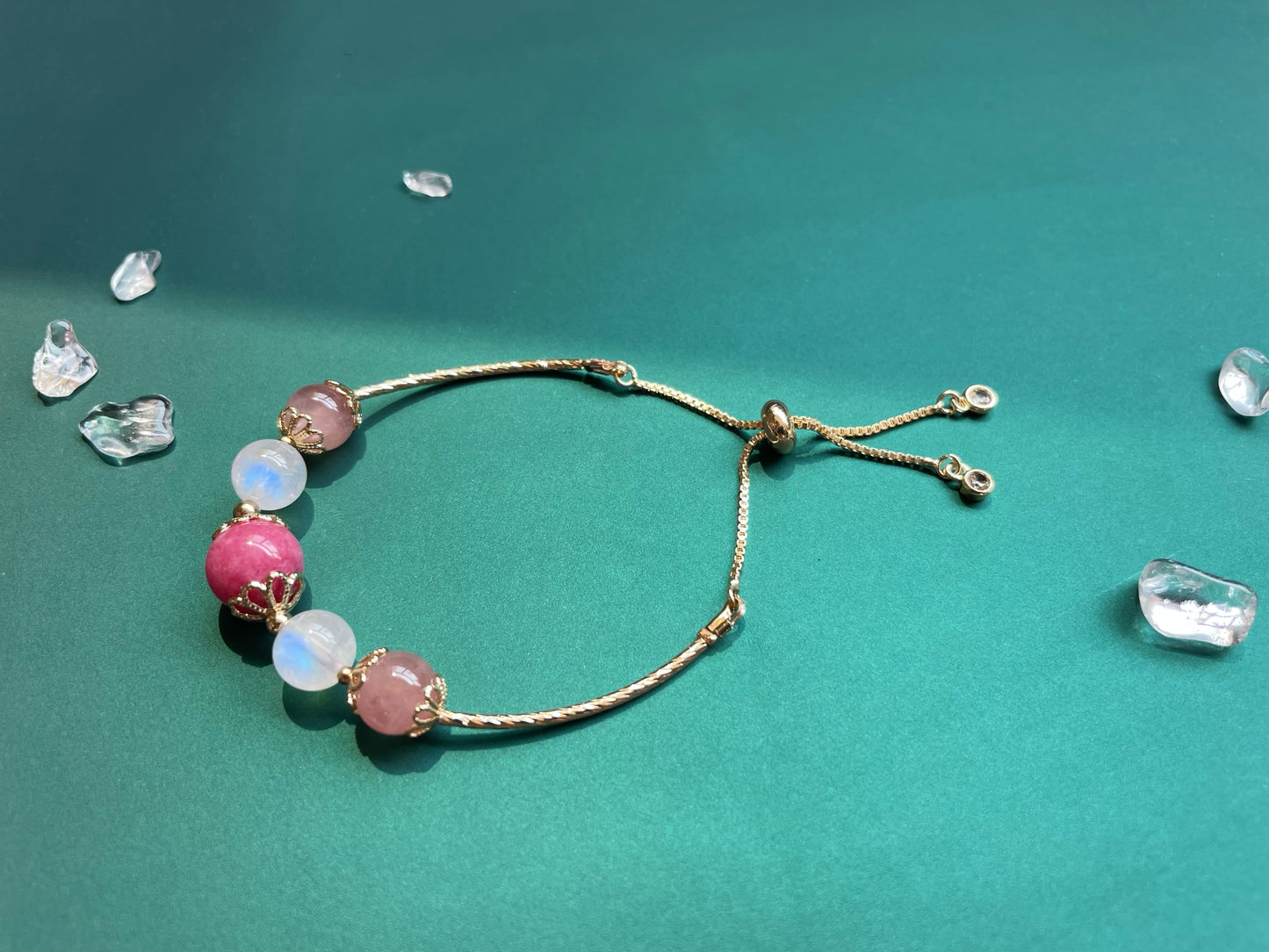 Natural Rhodolite Moonstone Pink Crystal Bangle Bracelet