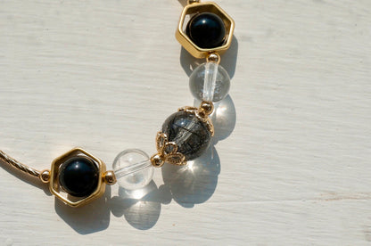 Natural Black Hair Crystal White Crystal Obsidian Bangle Bracelet - Rare Visual Jewelry