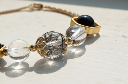 Natural Black Hair Crystal White Crystal Obsidian Bangle Bracelet - Rare Visual Jewelry