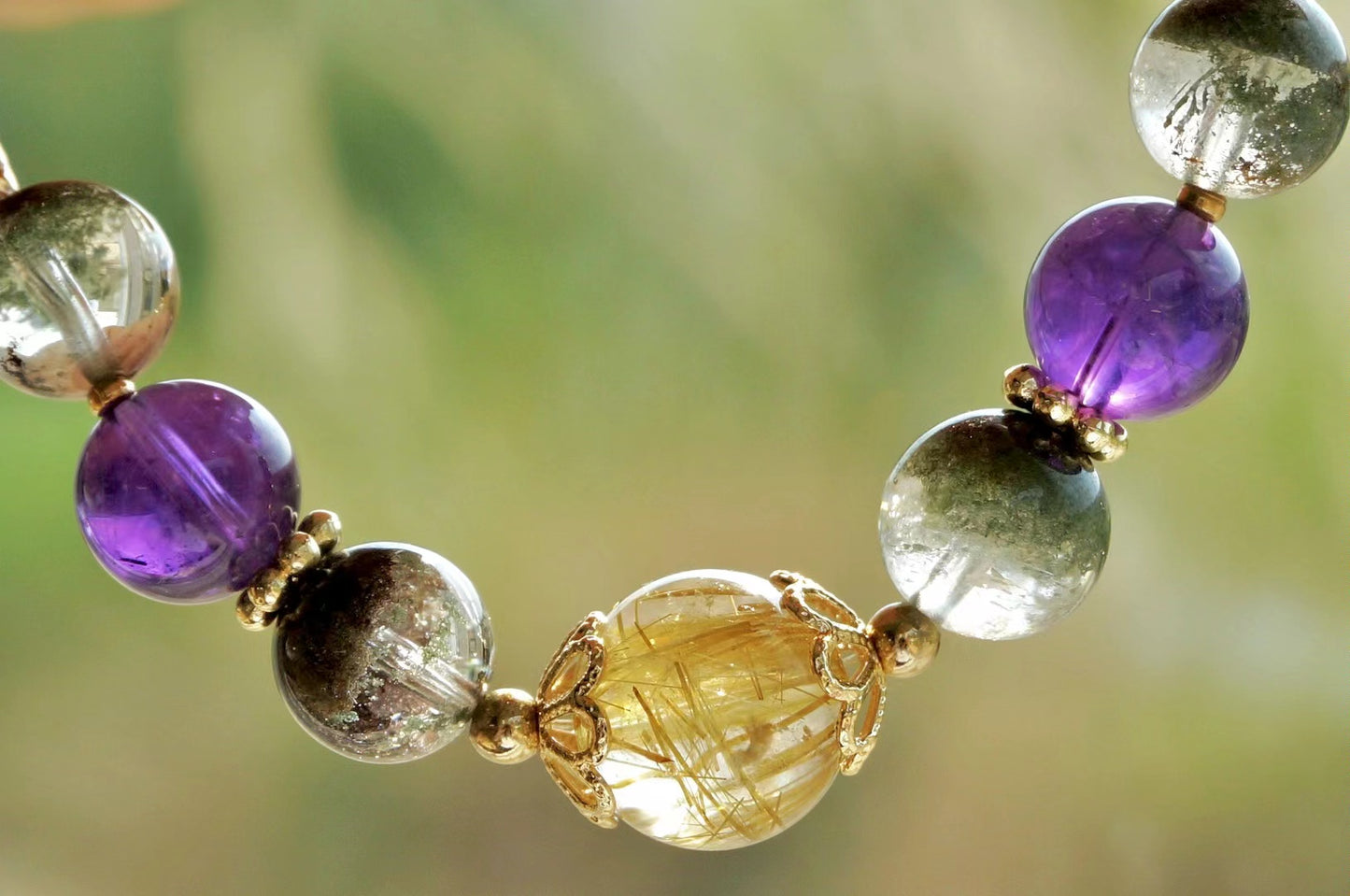 Natural Amethyst Green And Yellow Gold Crystal Hand Handle Skewer