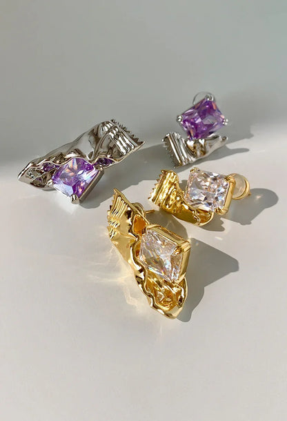 Asymmetric Playful Tinfoil Candy Gem Silver Earrings - Rare Visual Jewelry