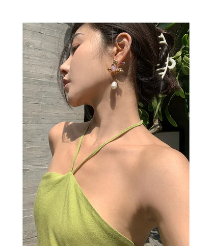 Asymmetric Butterfly Pearl Crystal Earrings I Pearle Vision I Rare Visual - Rare Visual Jewelry